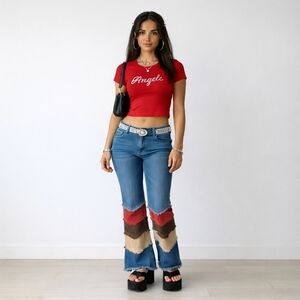 Vintage Y2K Denim Corduroy Patchwork Jeans Blue Brown Straight Leg Size 14